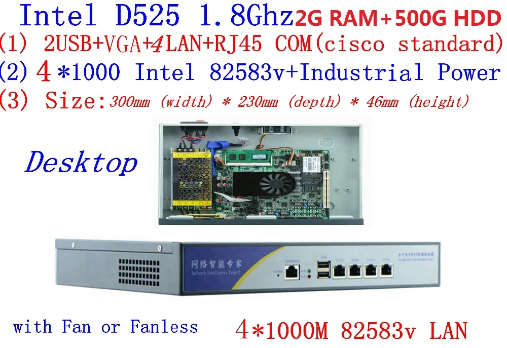 

D525 1.8GHZ 4*1000M Network routing software firewall wayos 1U network server 4 *Intel Gigabit Ethernet 82583v 2G RAM 500G HDD