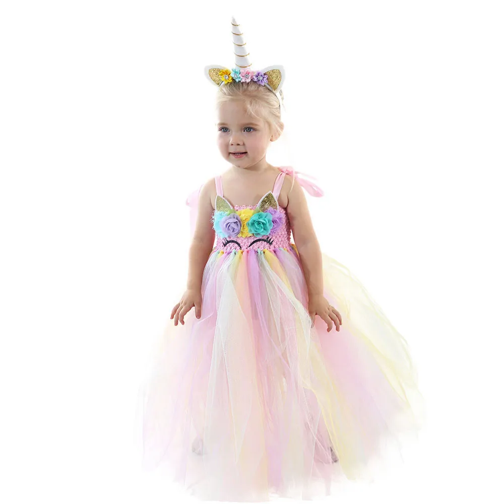 

Pastel Girls Unicorn Tutu Dress Pastel Rainbow Princess Flower Girl Party Dresses Kids Birthday Halloween Unicorn Costume 1-14