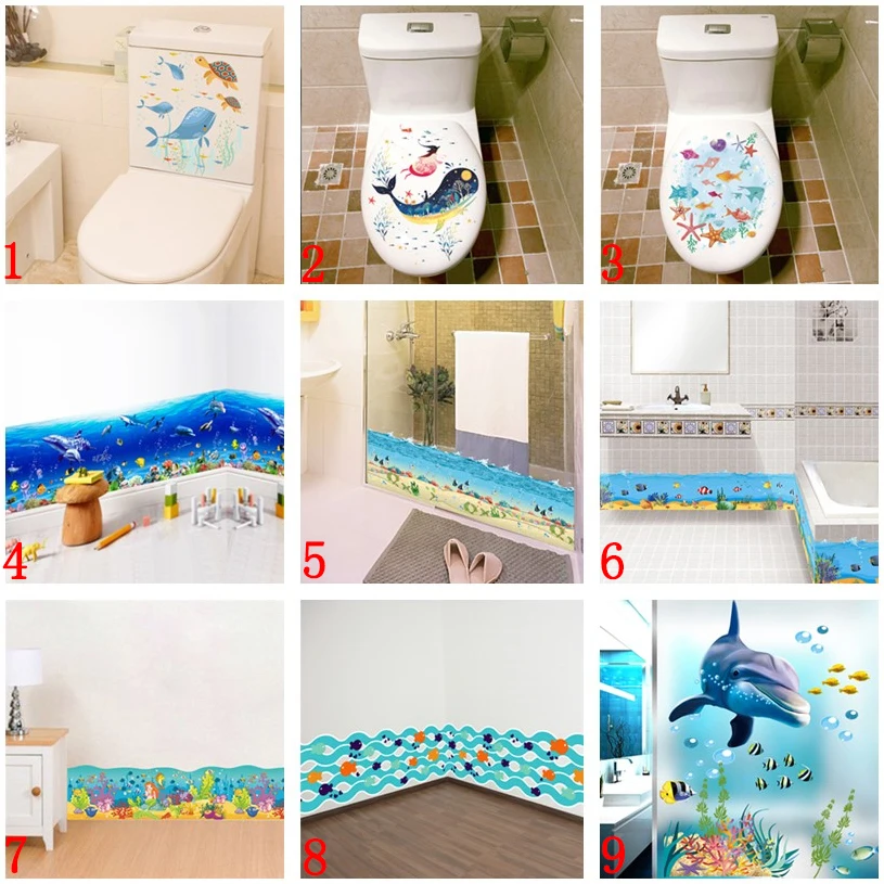 Autocollants muraux dessin animé poisson Sealife pour chambre d\'enfants salle de bains décoration de la maison imperméable Animal plinthe murale Art