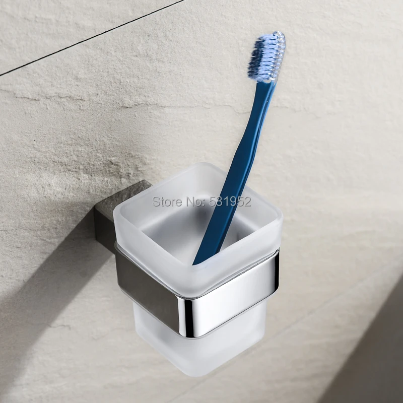 SUS304 Stainless Steel Polished Wall Mounted Single Toothbrush Cup Holder With Tempered Glass Cup Tumbler Holder