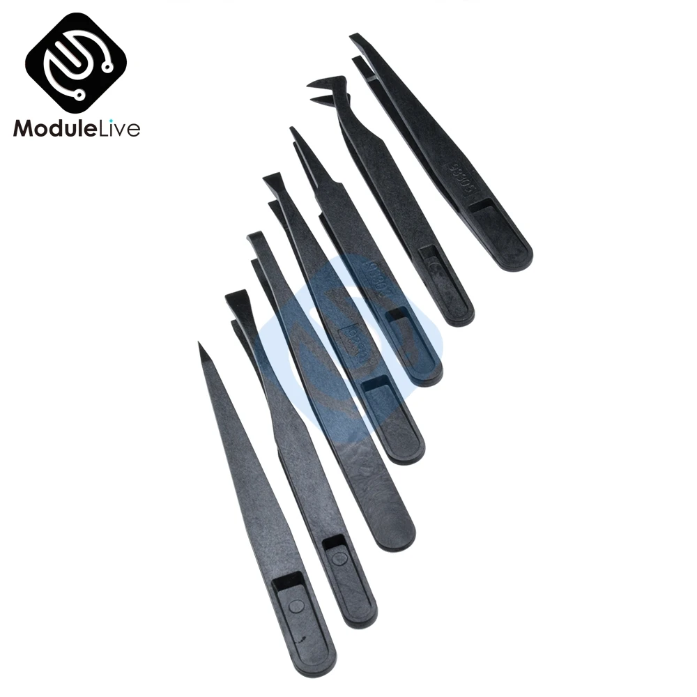 7pcs Anti-static Tweezer Tool Straight Bend Plastic Heat Resistant