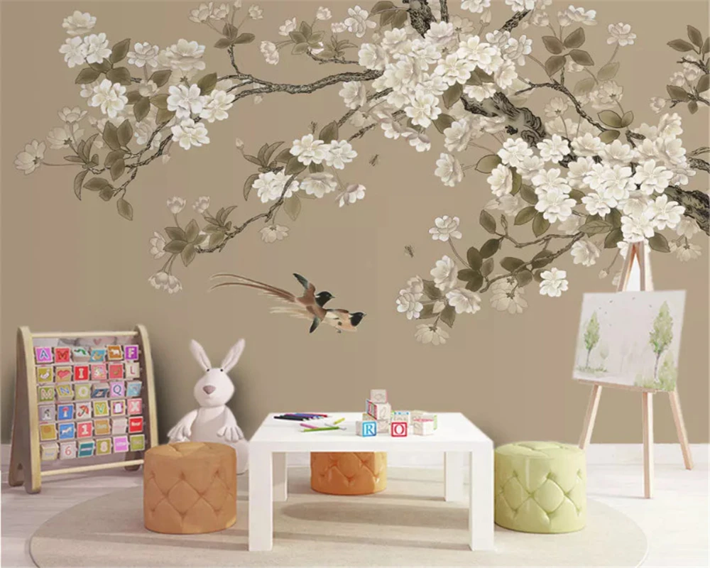 beibehang Custom silky papel de parede 3d wallpaper hand-painted white magnolia bird new Chinese background decorative painting