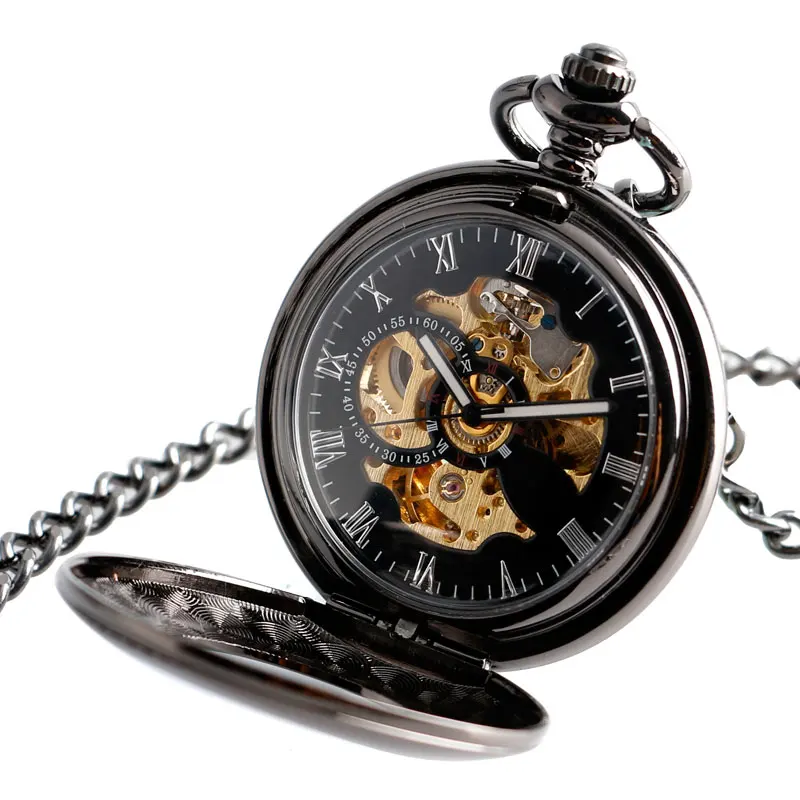 Classic Black Smooth Mechanical Automatic Self-wind Pocket Watch Skeleton Luxury Fob Watches Men Women Gift Relogio De Bolso