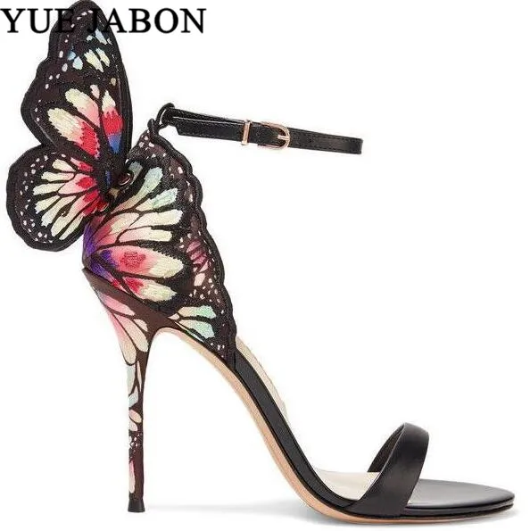 Black Flower Embroider Gladiator Sandals Women Butterfly Angel Wing Mixed Colors Fashion High Heels Party Wedding Shoes Woman