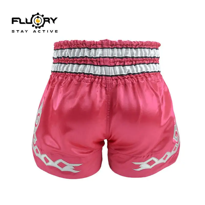 Giovani e bambini (ragazze e ragazzi) pantaloncini fluory Muay Thai patch ricamata pantaloncini da kick boxing colore moda rosa per il combattimento