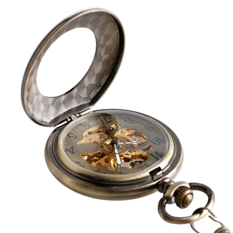 New Retro Bronze Smooth Hollow Case Skeleton Dial Self-wind Mechanical Pocket Watches Vintage Steampunk Fob Watch with Chain