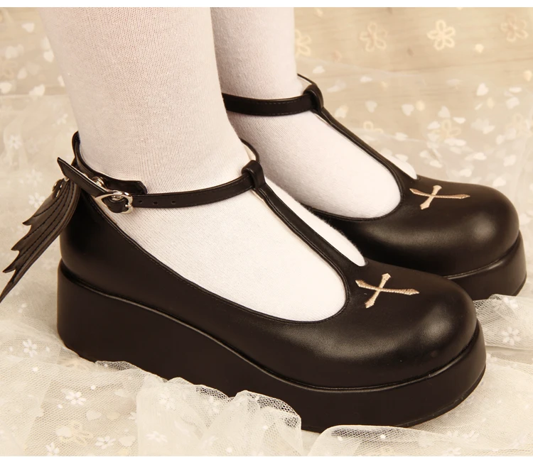 Black Gothic Lolita Cosplay Ankle T-strap Shoes Round Head Flat Platform Lolita Shoes With Wing Cross Princess Shoes