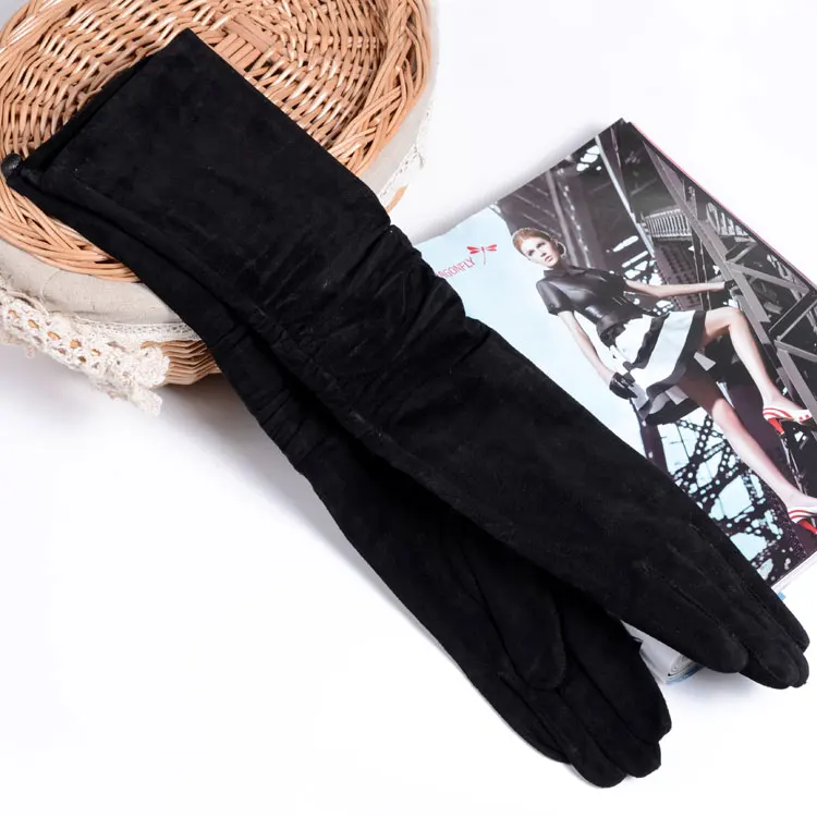 2024 Fall/Winter Fashion Women Pigskin Suede Genuine Leather Fold Long Glove Lady 30/40/50cm Black/Pink/Red Classic Luvas Mujer