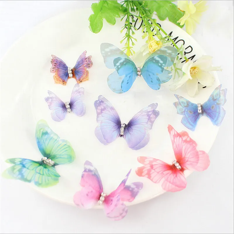 10pcs/lot Vivid Crystal Double Wings Yarn Butterfly Charms Pendants For DIY Earrings Hairclip Jewelry Making Finding Accessories