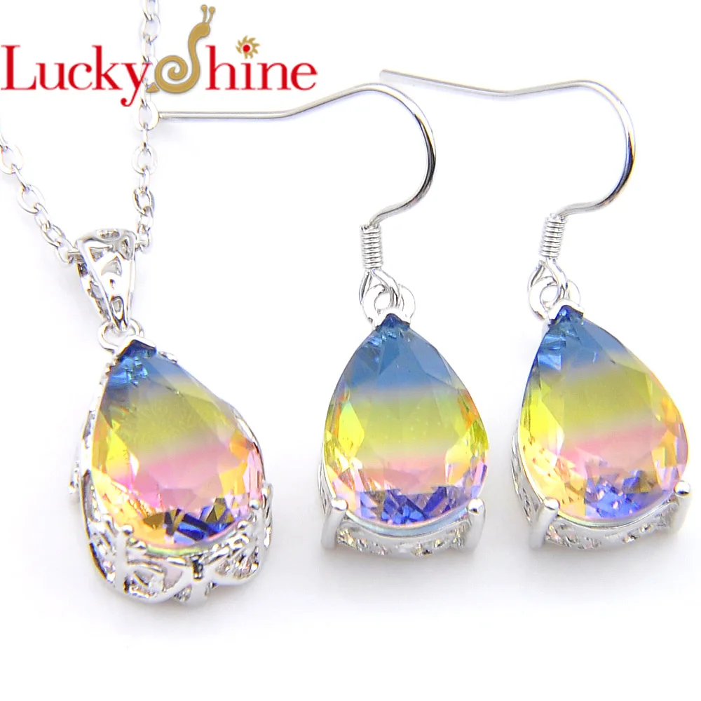 Luckyshine модные свисающие наборы капли воды градиент турмалин кристалл циркония Подвески Висячие серьги женские ювелирные наборы