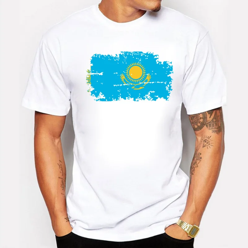 Kazakhstan Fans Cheer Tshirts For Men Kazakhstan National Flag Tee Shirts Short 100% Cotton T-shirts Nostalgic Style  Tops