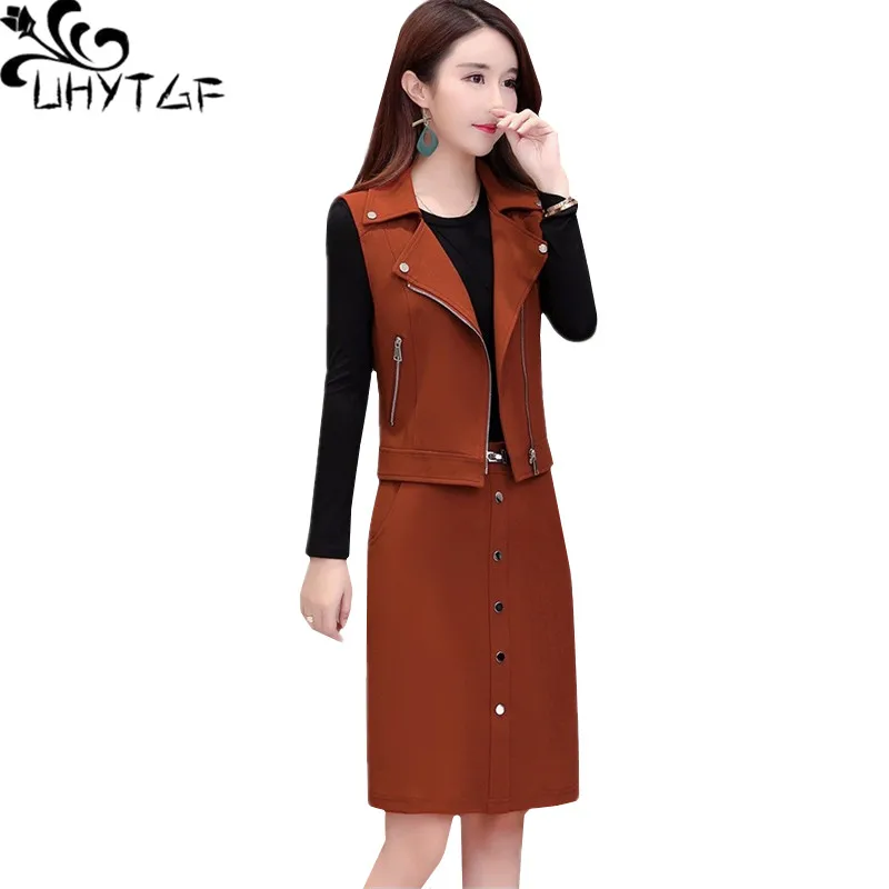 UHYTGF 2022 Fashion Long Sleeve Dress And Outside Autumn Winter Two-Piece Set Skirt Women Elegant Women Big Size Dress Tide 275