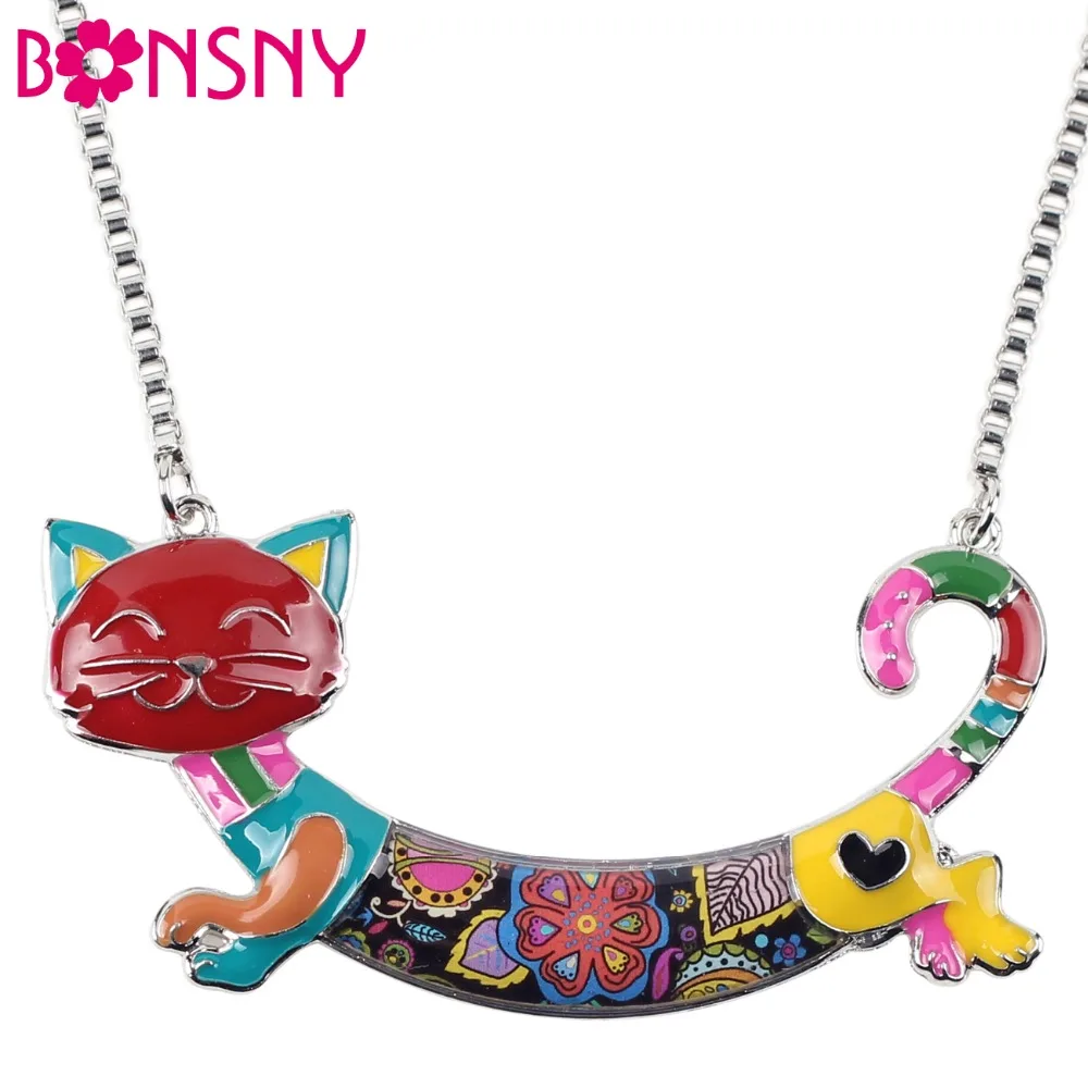 Bonsny Statement Maxi Alloy Enamel Cat Choker Necklace Chain Pendant Collar 2018 Fashion New Enamel Jewelry for Women GIfts