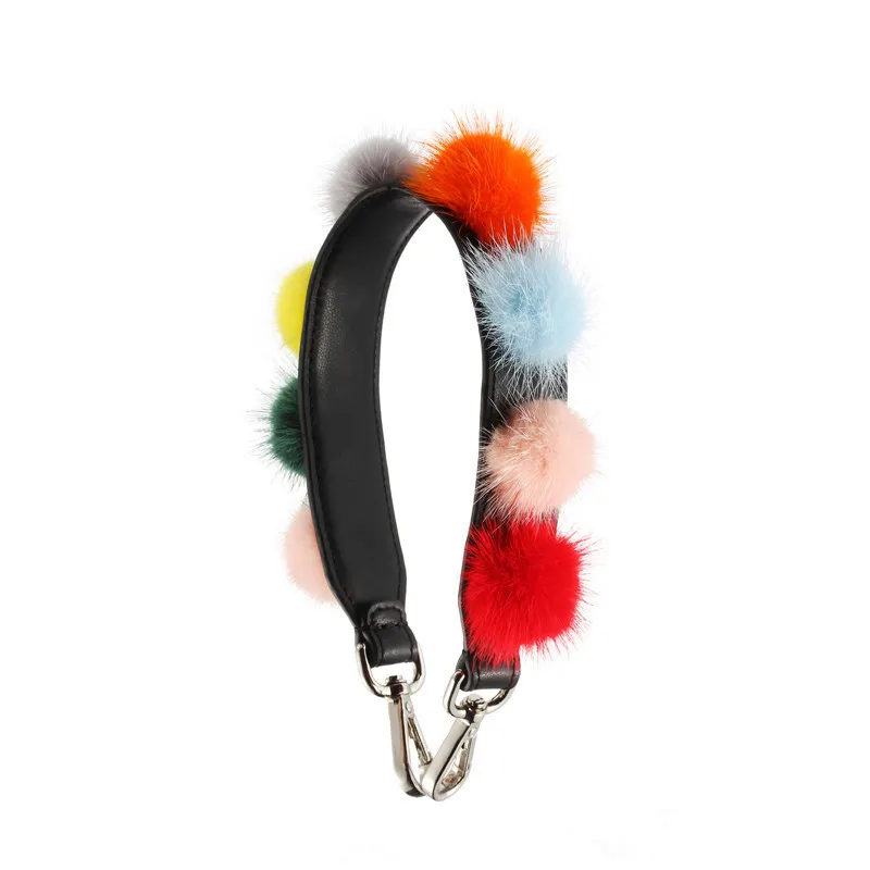 New Real fur design Winter Pom Pom Charm Bag Strap Women Bag Accessories Arrival Strap You Split Leather Handbag Straps Short