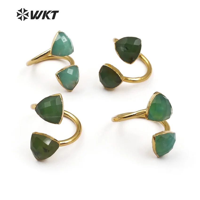 WT-R317 WKT Wholesale Natural Chrysoprase Stone In Triangle Shape Faceted Green Stone With Gold Trim For Women Dainty Ring