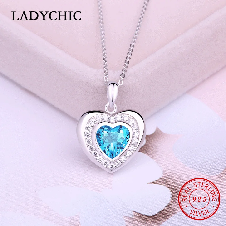 

LADYCHIC Genuine 925 Sterling Silver Double Heart Pendant Necklace Inlay High Quality 1ct Blue Crystal Valentine's Gift LNS1017