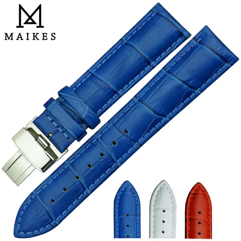 MAIKES Bule Genuine Leather Watch Band With Stainless Steel Folding Buckle 16mm 18mm 20mm Watch Strap