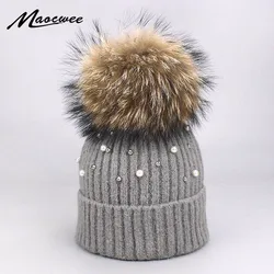 New Diamond With Thick Knitting Wool Winter Hat Women Caps Genuine Real Raccoon Fur Pompon Ladies Hats Beanies Skullies