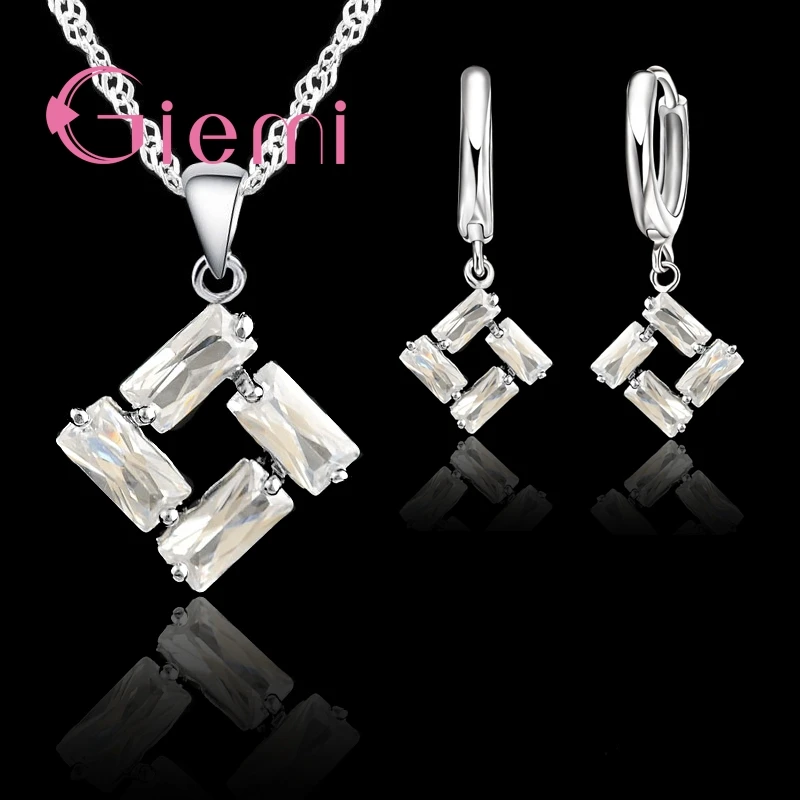 

Romantic 925 Sterling Silver Square white zircon Crystal Pendant Necklace Earrings Jewelry Sets Women Wholesale