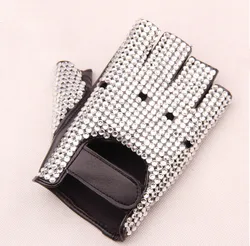 Men's fashion semi-finger cut out Rhinestone gloves male pu leather hip-hop dancing performance gloves S131