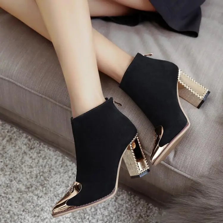 Pointed Toe Chelsea Boots Women High Heels Autumn Winter Shoes Woman Pumps Black Suede Botas Mujer Metal Designer Ankle Botines