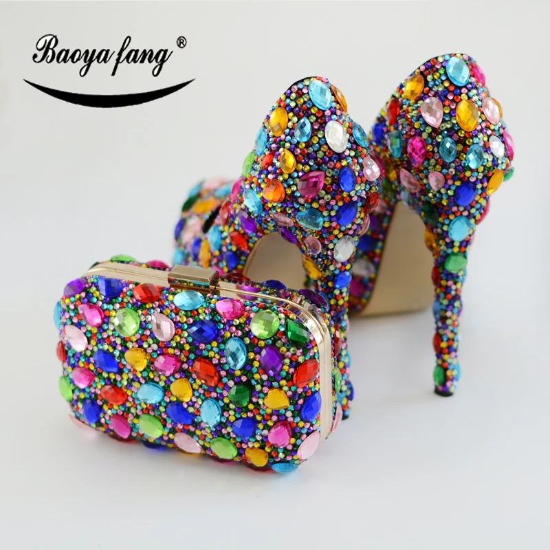 BaoYaFang Multicolor crystal women wedding shoes with matching bags High shoes Thin heel platform shoes and purse set