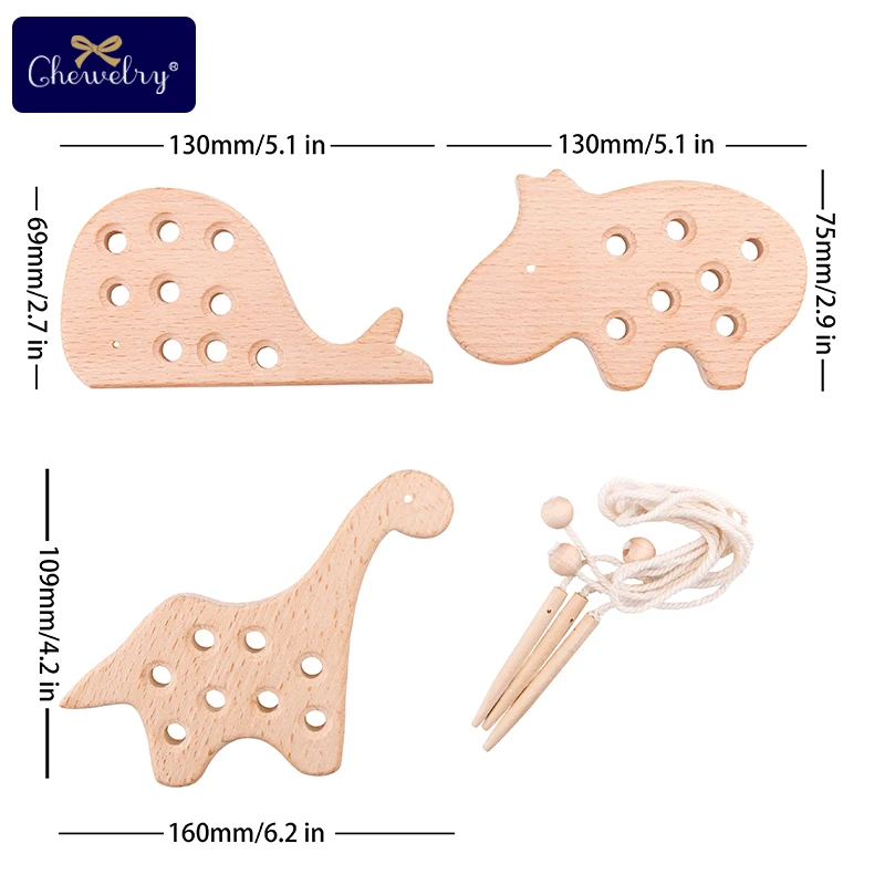 Tablero de enhebrado de madera para niños y niñas, juguetes de costura de madera de haya, botón de dinosaurio, bloques de cuentas, productos para niños y niñas