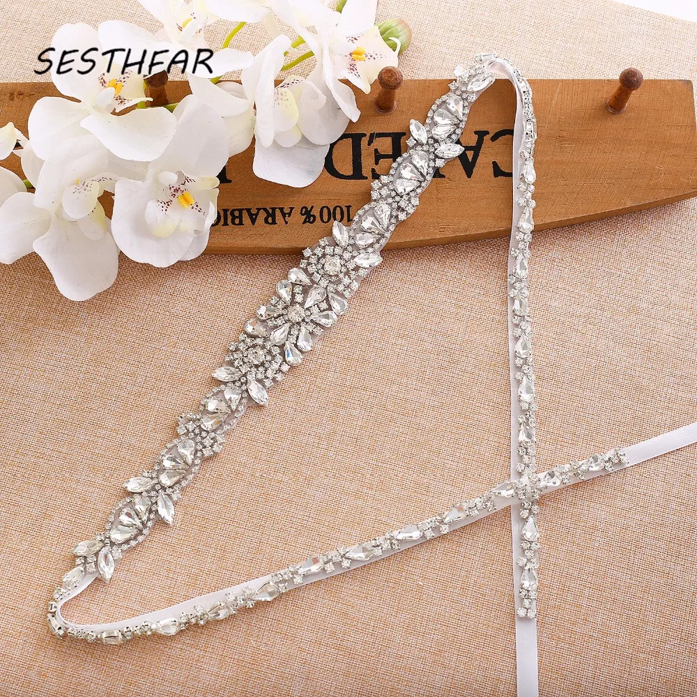 SESTHFAR Bridal Belt Crystal Flower Wedding Sash Silver Rhinestones Wedding Belt Sash For Bridemaids Dresses