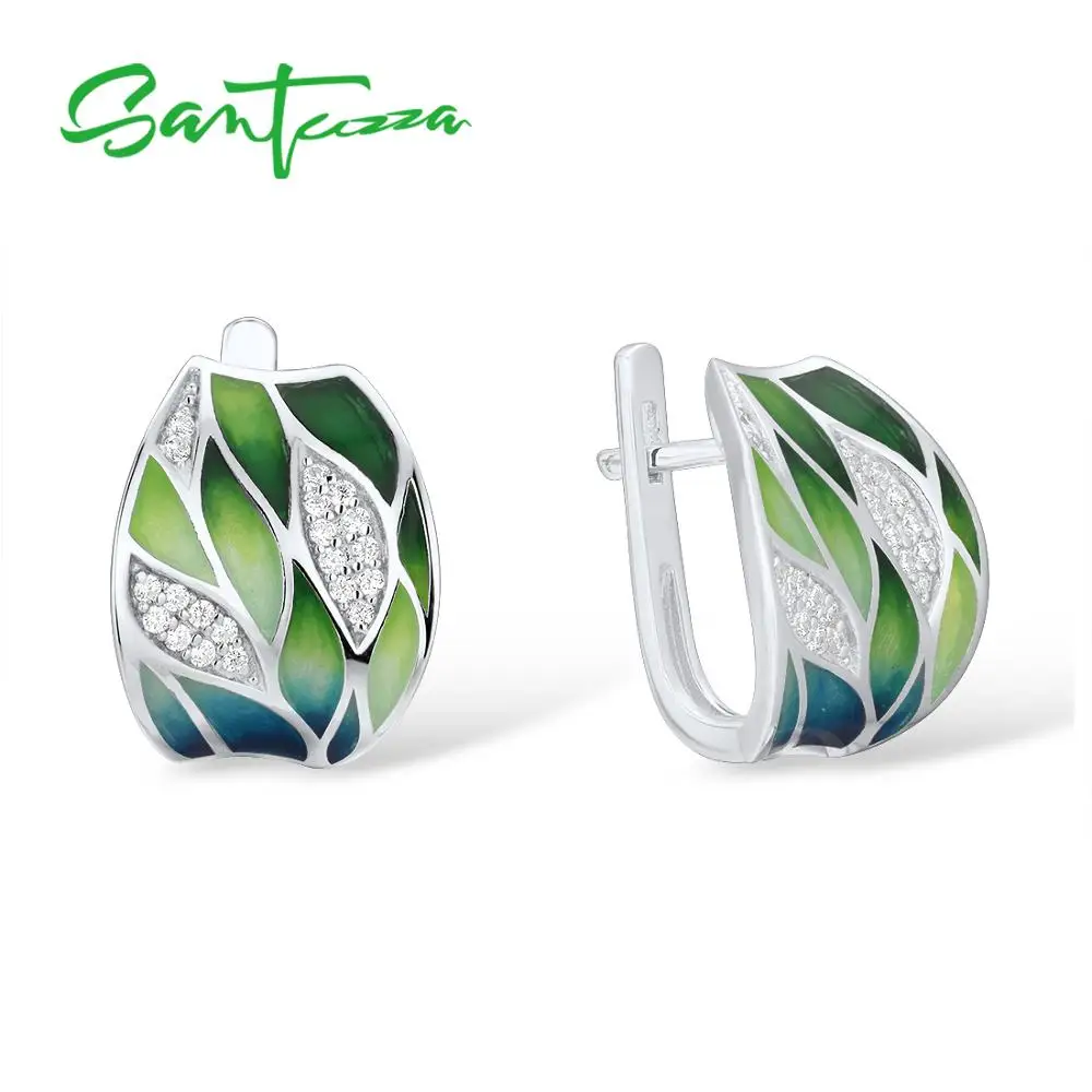 SANTUZZA 925 Silver Jewelry Set For Women Green Bamboo Leaves Dazzling Earrings Ring Set Elegant Fine Jewelry Handmade Enamel