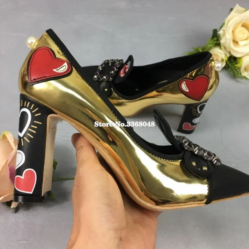 2019 New Gold Patent Leather Woman Pumps Crystal Buckle High Square Heels Normal Dress Shoes Mixed Colors Female Spring Shoes