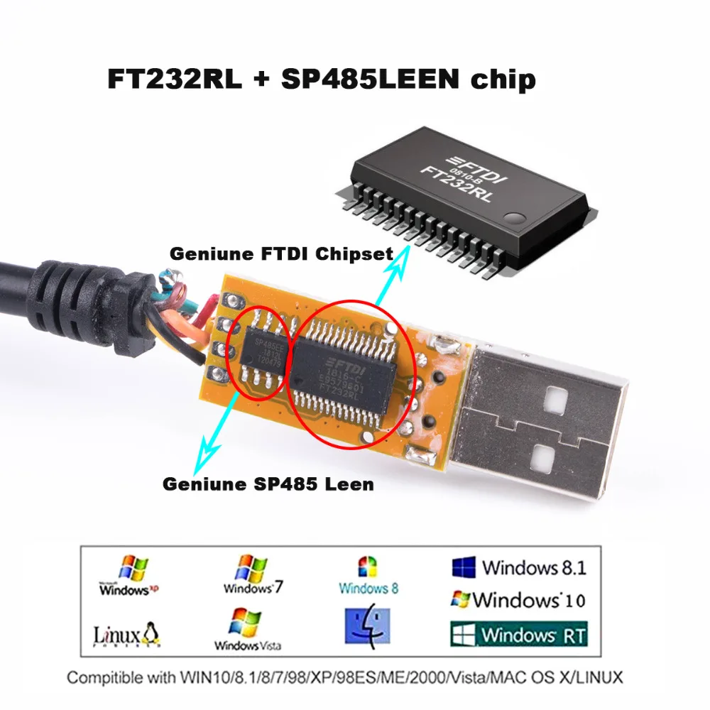 FTDI USB to RS485 Wire End Converter Connector Wiring Pinout Cable Compatible USB-RS485-WE-1800BT