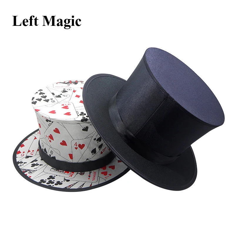 Folding Top Hat Spring Magic Tricks ( Black &  Playing Card Pattern )Appearing/Vanishing Objects Hat Stage Accessories Gimmick