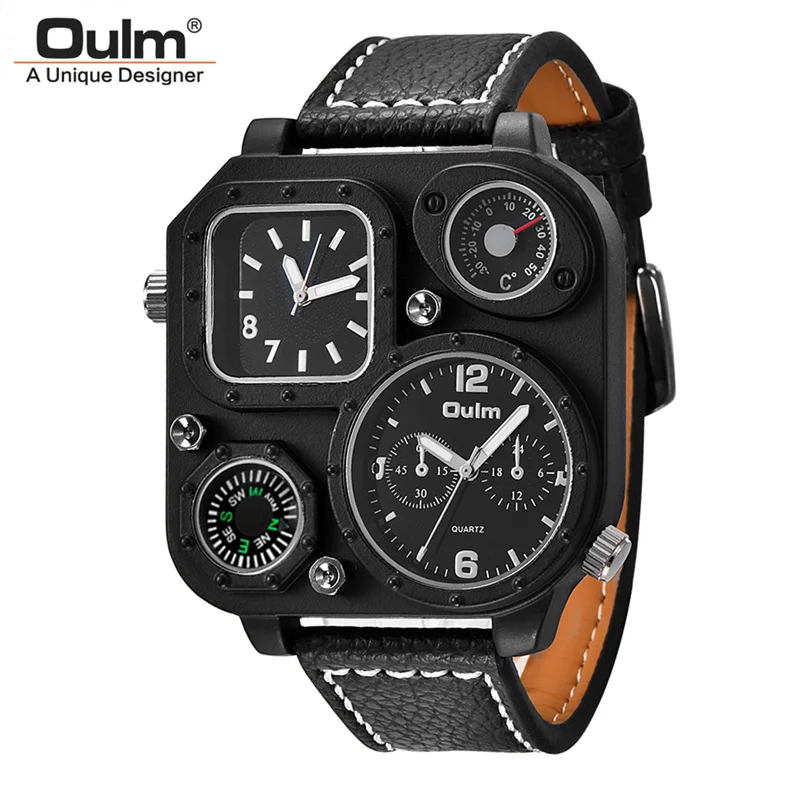 Oulm clássico preto relógios casuais masculino esporte relógio de quartzo duplo fuso horário relógio de pulso bússola decorativa luxo masculino