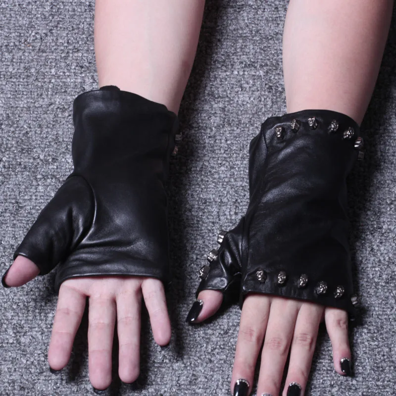 2024 Spring Women Genuine Leather Skull Bone Fingerless Thin Gloves Femme Black Cool Driving Club Luvas Hip Pop Rock Guants