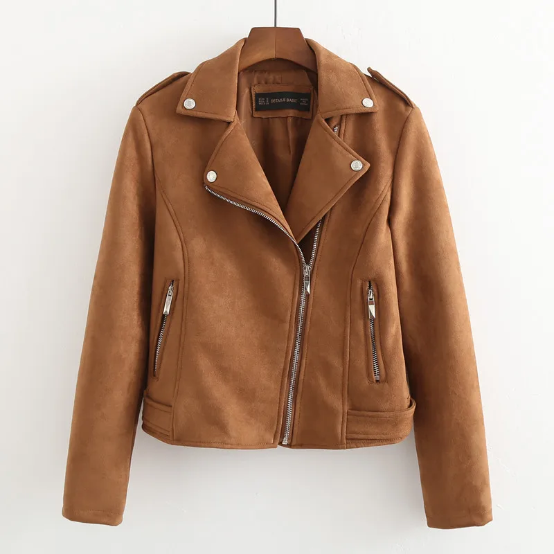 New Fashion Women suede motorcycle jacket Slim brown full lined soft faux Leather female coat veste femme cuir epaulet zipper