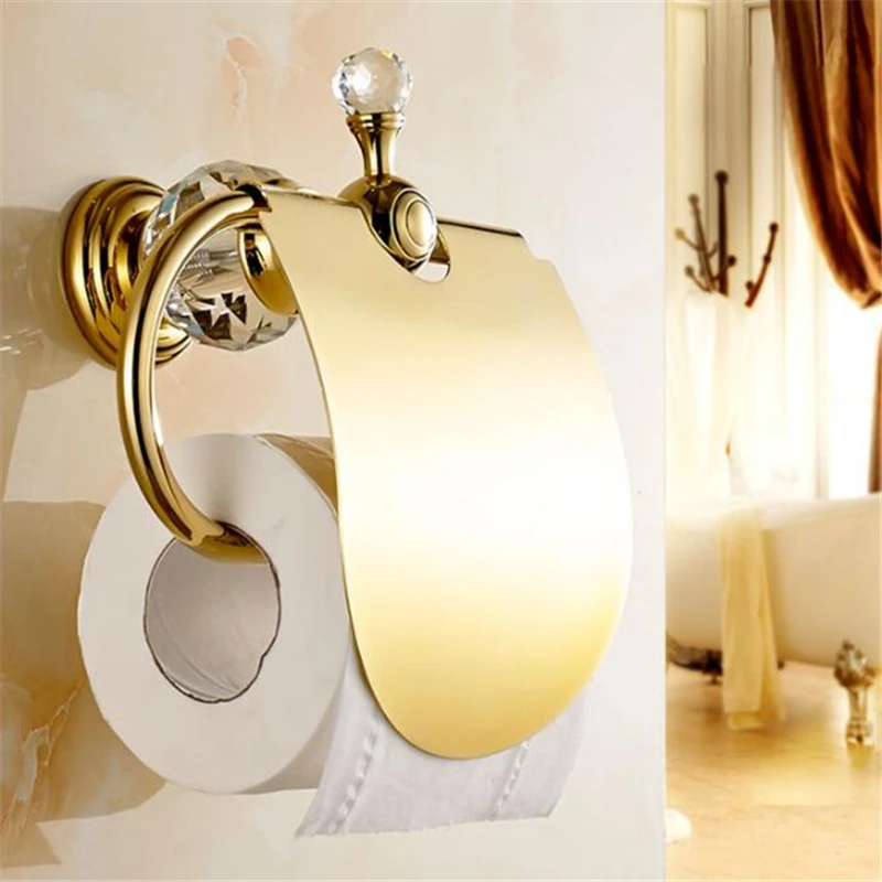 Paper Roll Holder Gold Total Brass Toilet Paper Holder Luxury Crystal Decoration Waterproof Tissue Box Holder