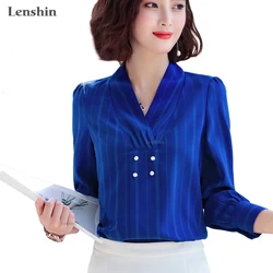 Lenshin V-neck Collar Striped Shirts for Women Blouse Work Wear Office Lady Female Fashion Tops Chemise Loose Style