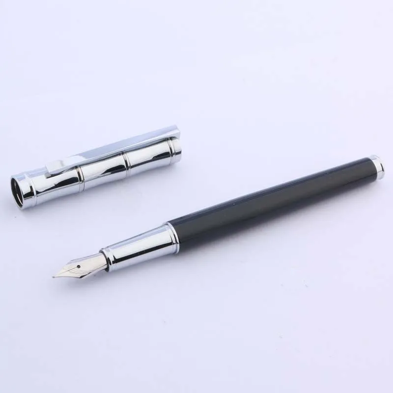 Caneta tinteiro clássica prateada imitando bambu para presente