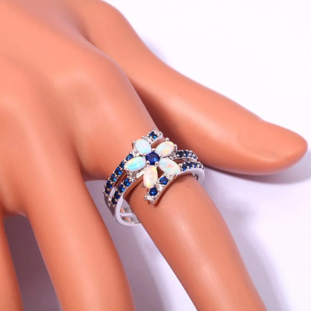 CiNily Created White Fire Opal Blue Zircon Cubic Zirconia Wholesale Hot for Women Jewelry Silver Plated Ring Size 6-12 OJ6391