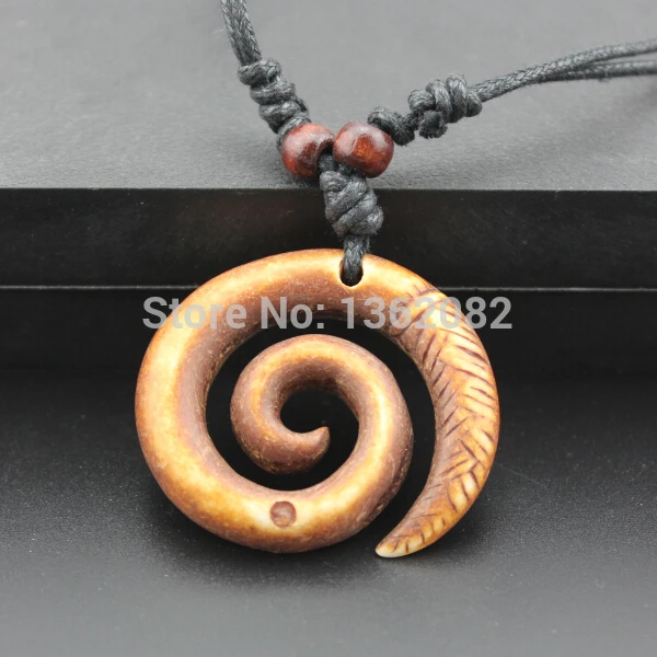 Imitation Yak Bone Hand Carved Spiral Swirl Maori Fishhook Surfer Amulet Koru Pendant Necklace Gift MN247