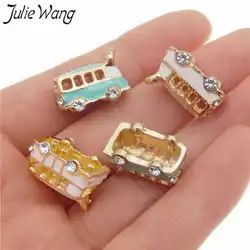 Julie Wang 2PCS Tiny Cute Hollow Bus Shape Pink Blue Stunning Enamel Zinc Alloy Pendant Charms Keychain Findings 19*12*10mm