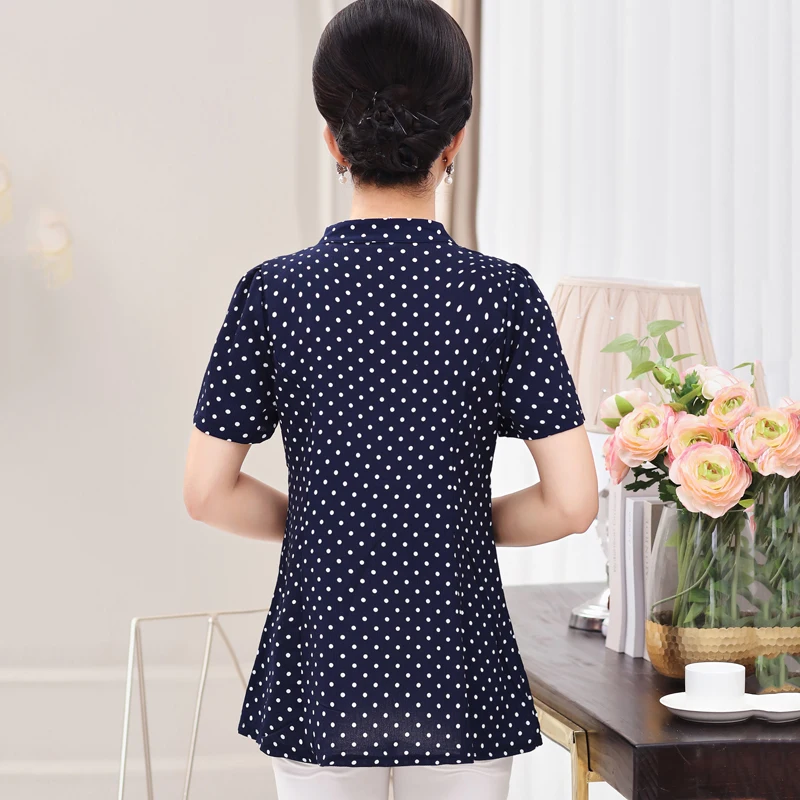 Summer Elegant Polka Dot Printed Women T shirt Tops 5XL 3XL 4XL Mother Clothes Female Short Sleeve Buttons V-Neck Casual Tee