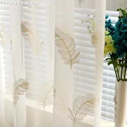 Embroidered Feather Curtains Pure Sheer Window Modern Curtains for Living Room Bedroom White Blue Tulle Curtains Drapes