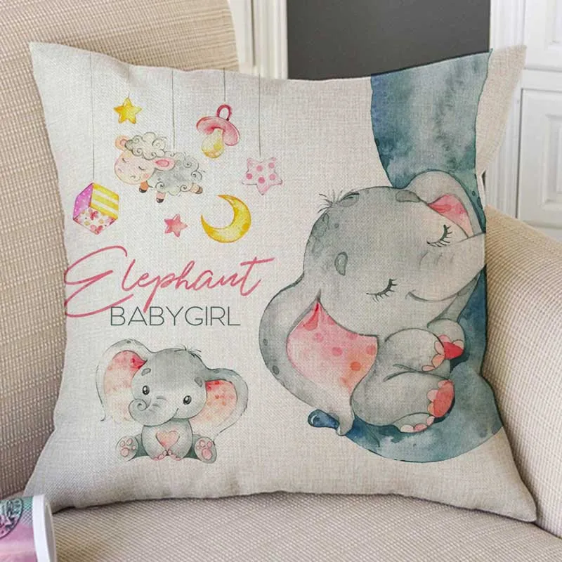 

Watercolor Baby Elepahnt Giraffe Koala Bunny Cartoon Painting Children Baby Room Decorative Pillow Case Cute Linen Cushion Cover