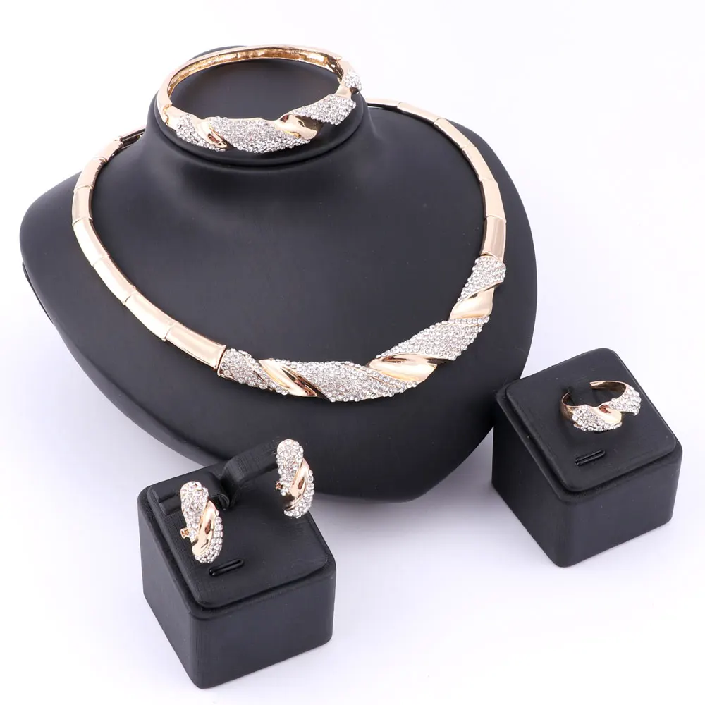 Wedding Bridal Jewellry Dubai Gold Color Crystal Women Party Necklace Bangle Earring Ring Fine African Beads Jewelry Set