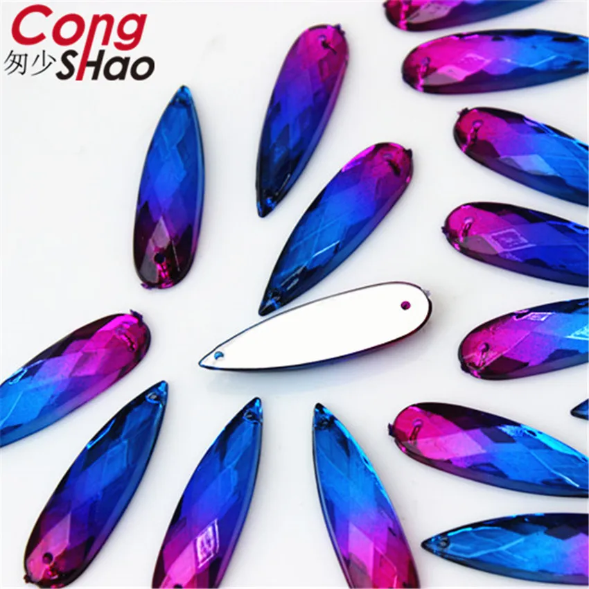 Cong Shao 100pcs 8*28mm Drop Dual color stones and crystals Acrylic rhinestone trim flatback sewing 2 Hole costume Button CS119