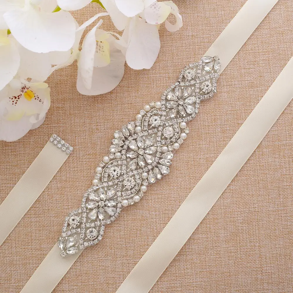 NZUK Pearls Belt Thin Rhinestones Bridal Belt Hand Sliver Beaded Ivory Belt Sash For Prom Dresses cinturon para vestido