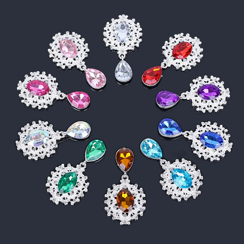 2019New Hot 50Pcs Silver Oval Center and Drop Rhinestone Pendant Button for Wedding Glass Decoraation Clothing DIY Crafts  LP140