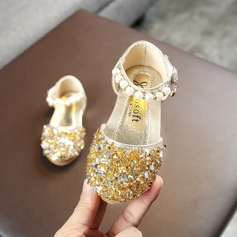 Princess Leather Shoes Children Casual Shoes New Girls Sequins Wedding Party Kids Baby Girls School Dance Shoes Size 21-36 A619