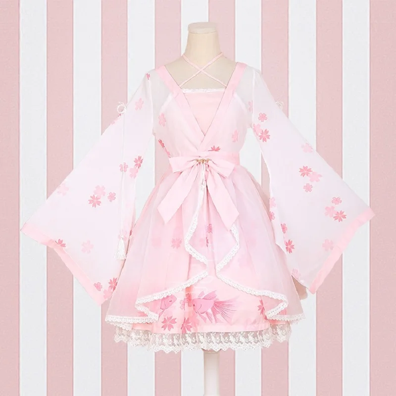 Vestido de gasa de Lolita, bordado de peces dorados, estampado Floral Kawaii, bonito estilo chino, vestidos de princesa con lazo, disfraces de Cosplay, novedad de 2020